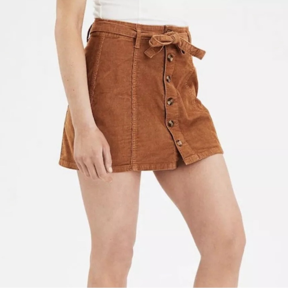 American Eagle Hi-Rise A-Line Skirt Corduroy Tie Waist Stretch Brown Size 10
